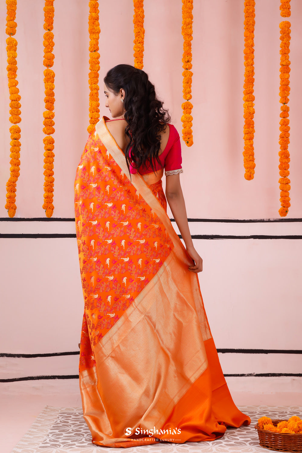 Vivid Orange Banarasi Satin Saree With Floral-Fauna Elegance