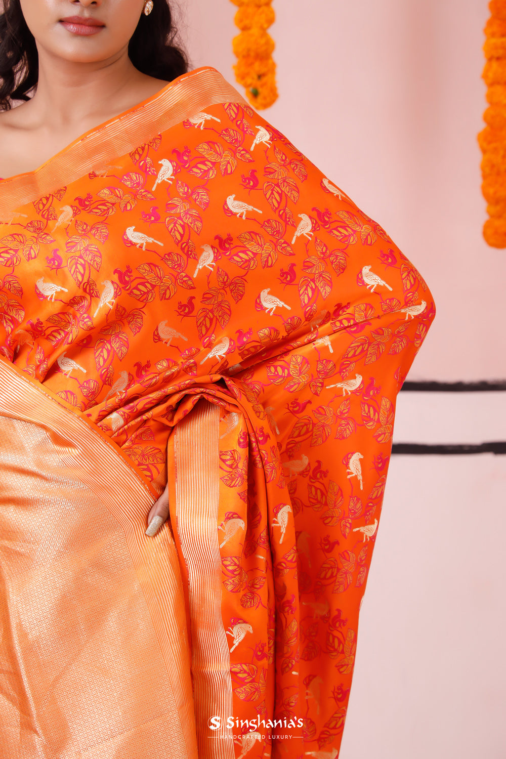 Vivid Orange Banarasi Satin Saree With Floral-Fauna Elegance