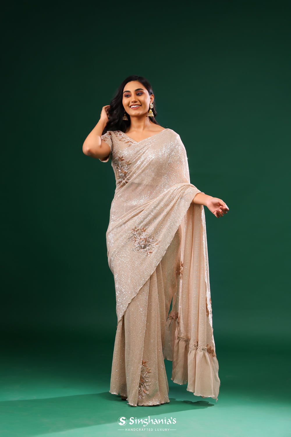 Oyster Pink Net Designer Saree With Floral Embroidery