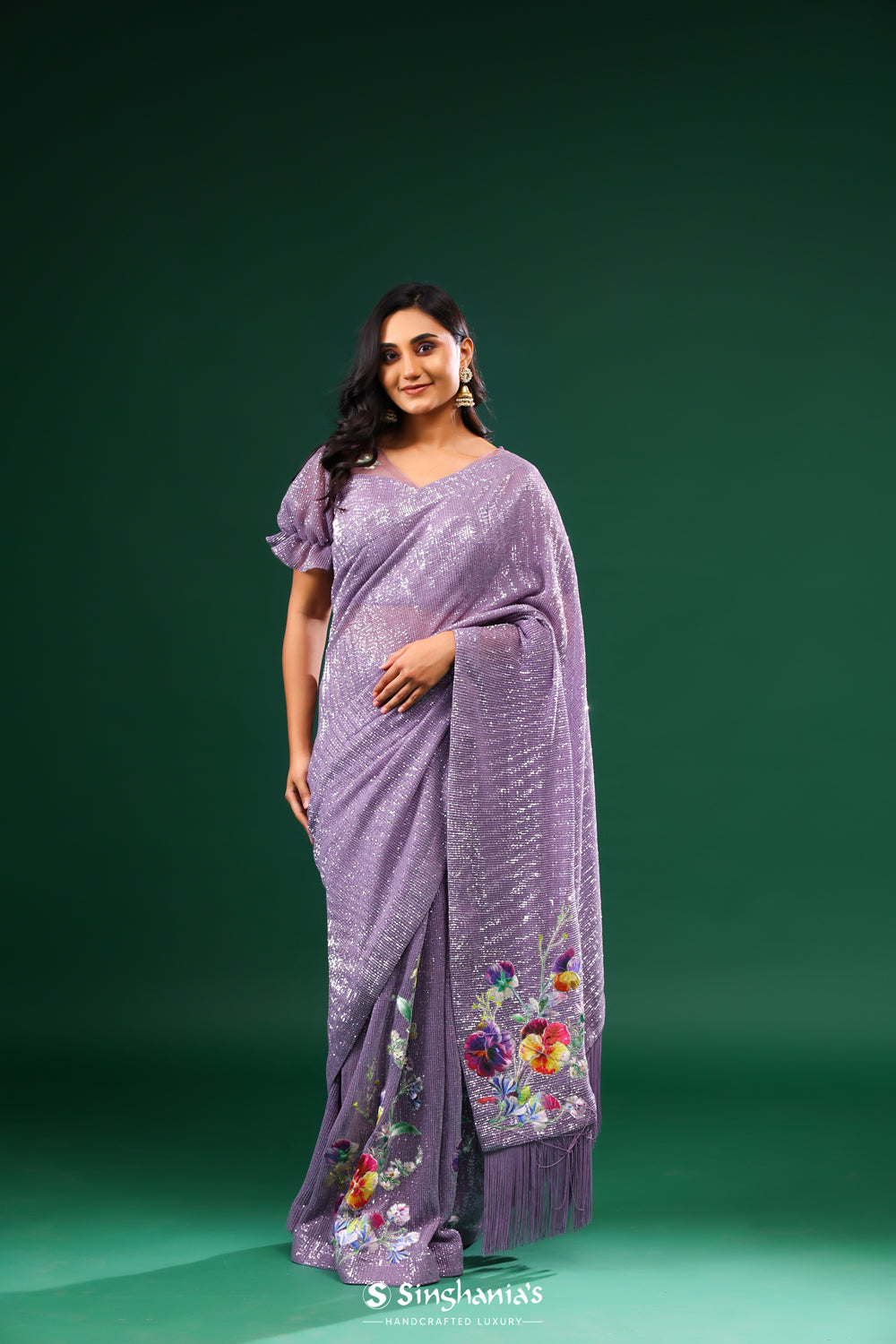 Strong Purple Net Designer Saree With Floral Embroidery