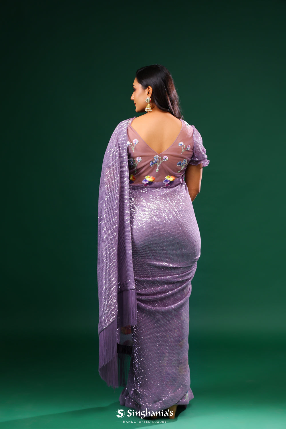 Strong Purple Net Designer Saree With Floral Embroidery