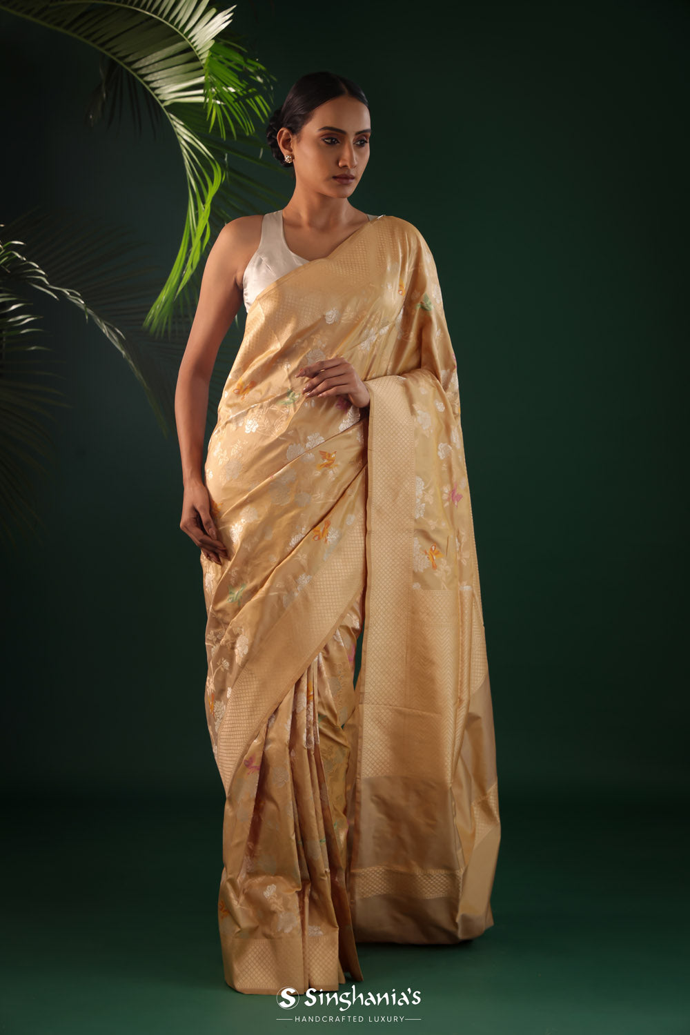 Chinese Green Banarasi Silk Saree With Meenakari Floral-Bird Jaal