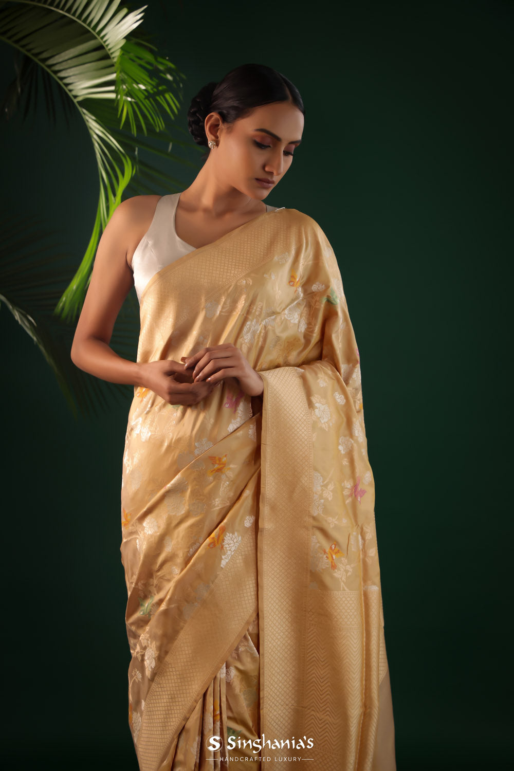 Chinese Green Banarasi Silk Saree With Meenakari Floral-Bird Jaal