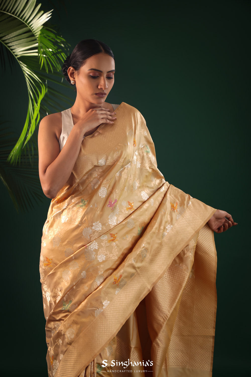 Chinese Green Banarasi Silk Saree With Meenakari Floral-Bird Jaal