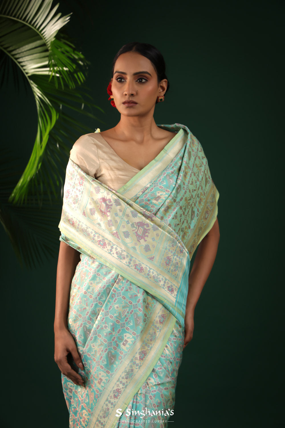 Tiffany Blue Banarasi Silk Saree With Pastel Ikat Patterns