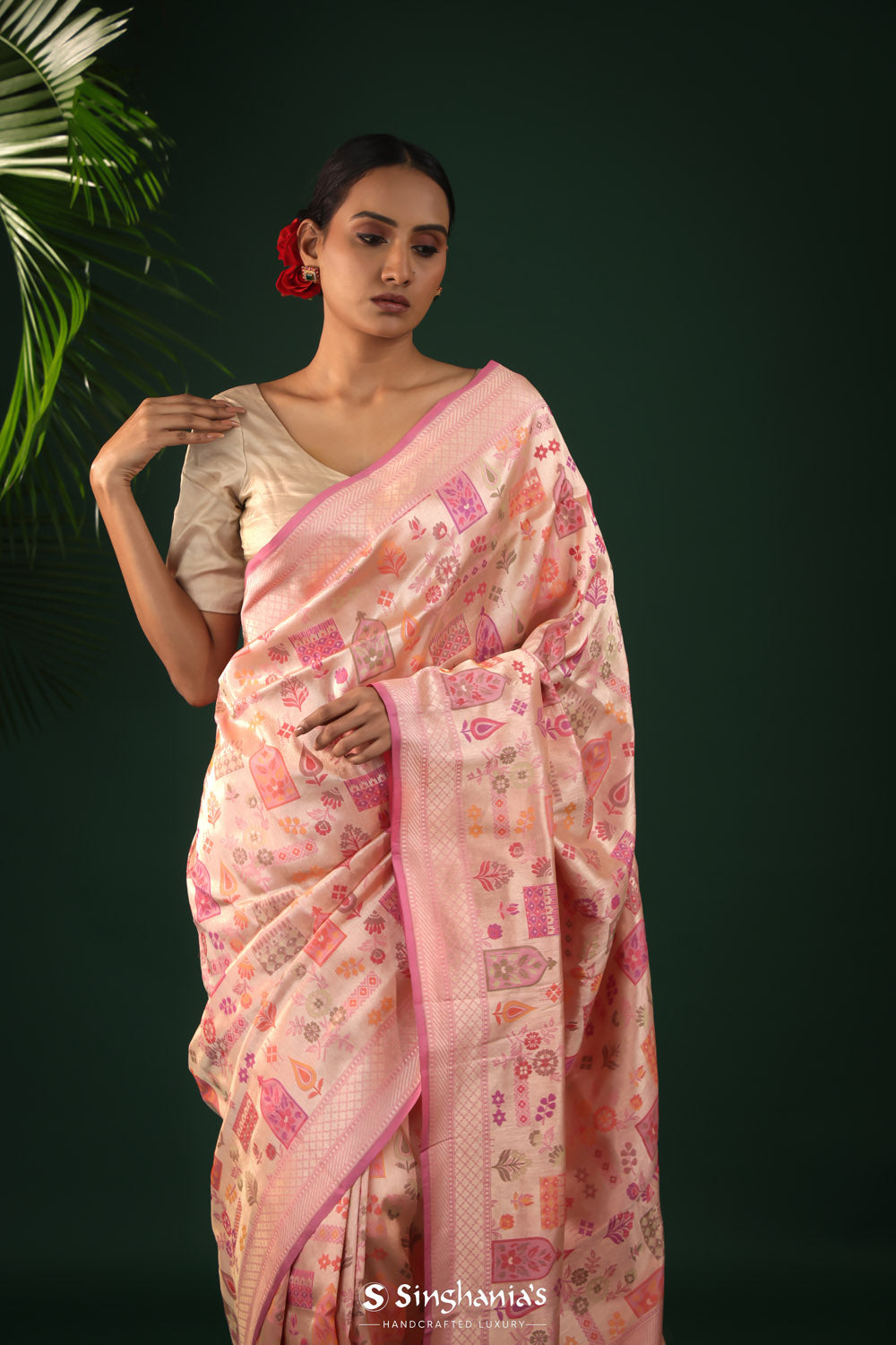 Wild Orchid Pink Banarasi Silk Saree With Floral Buttas