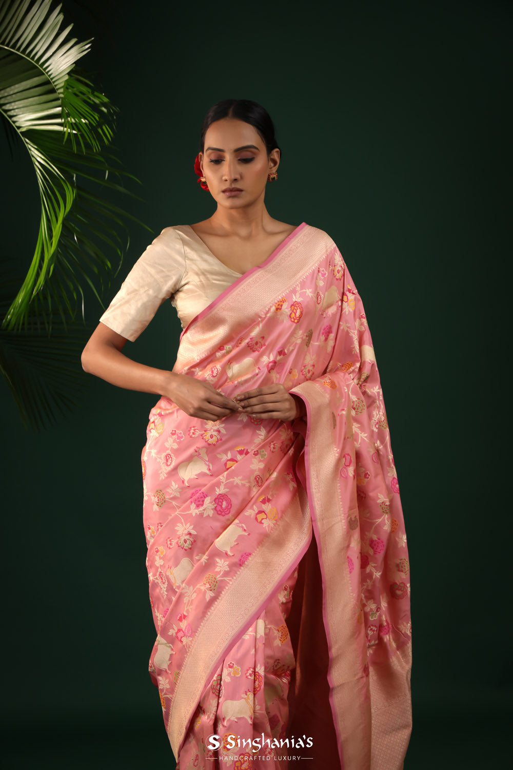 Valentine Pink Banarasi Silk Saree With Floral-Cow Weaving