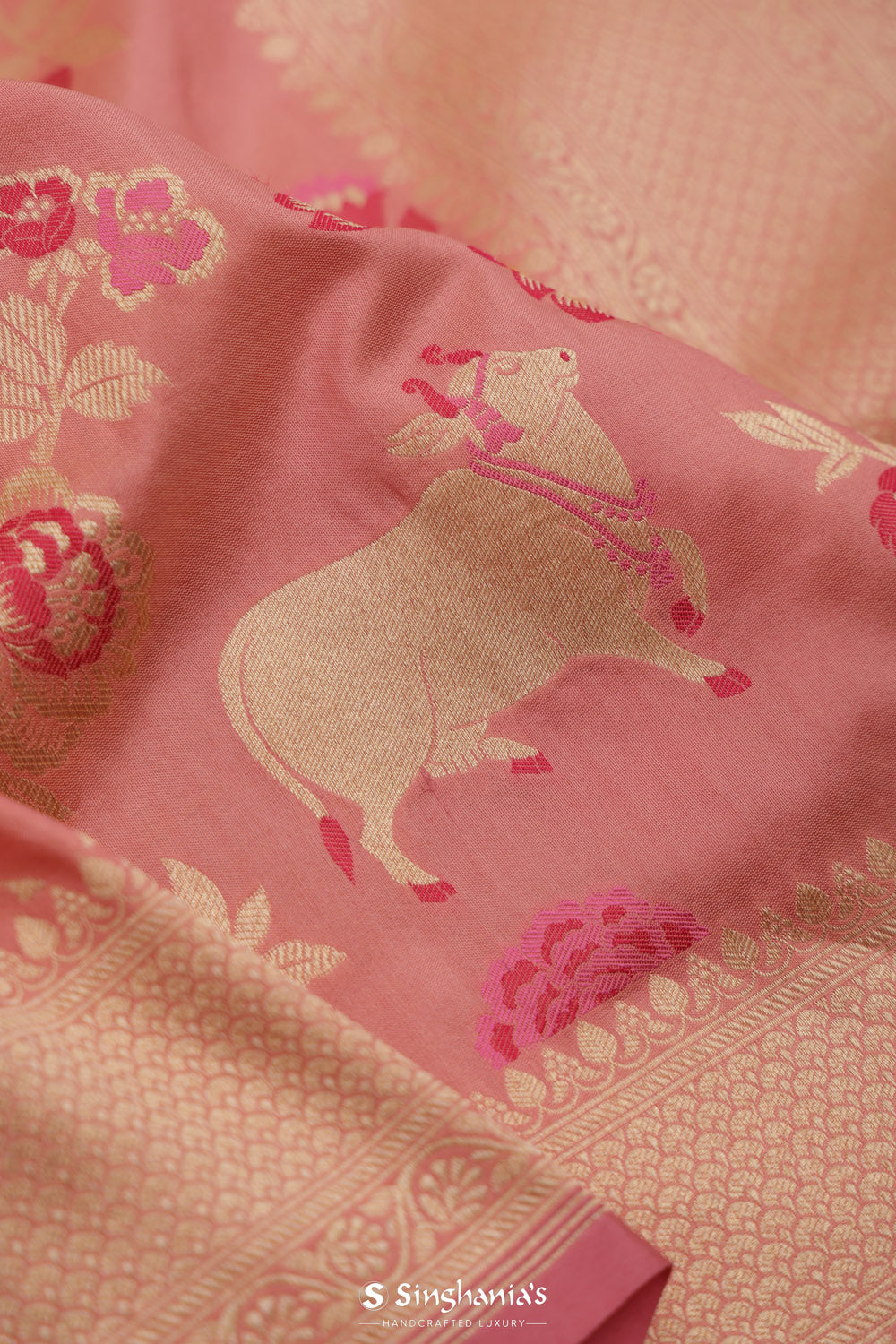 Valentine Pink Banarasi Silk Saree With Floral-Cow Weaving