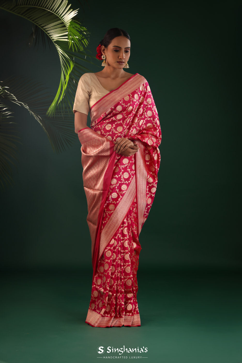 Watermelon Pink Banarasi Silk Saree With Floral Jaal Weaving