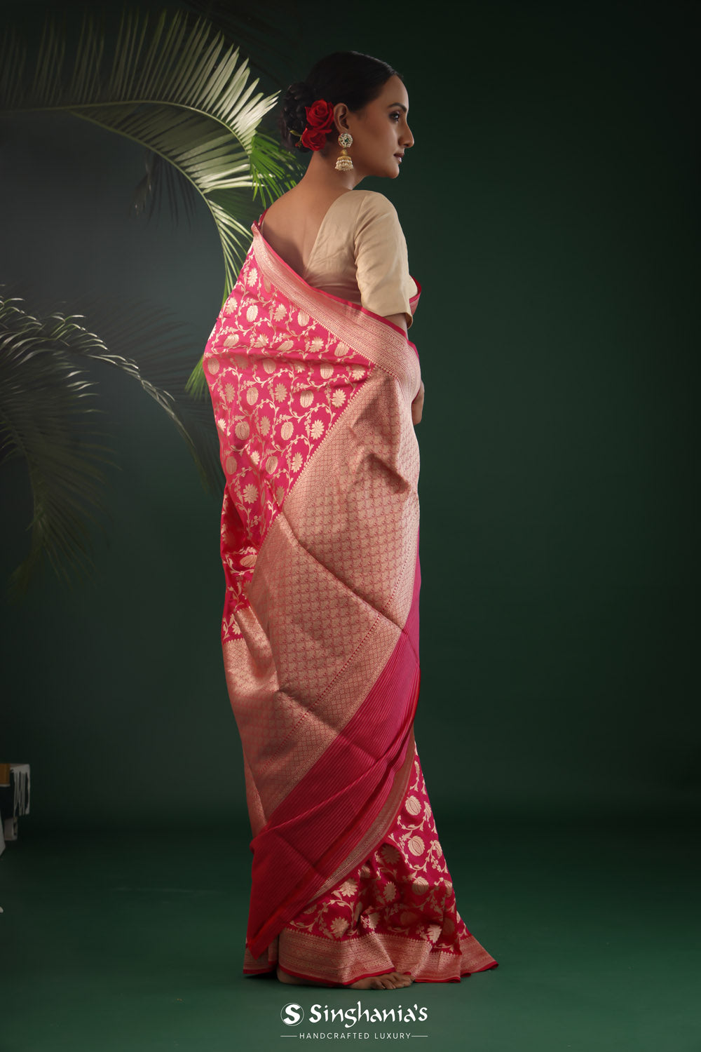 Watermelon Pink Banarasi Silk Saree With Floral Jaal Weaving