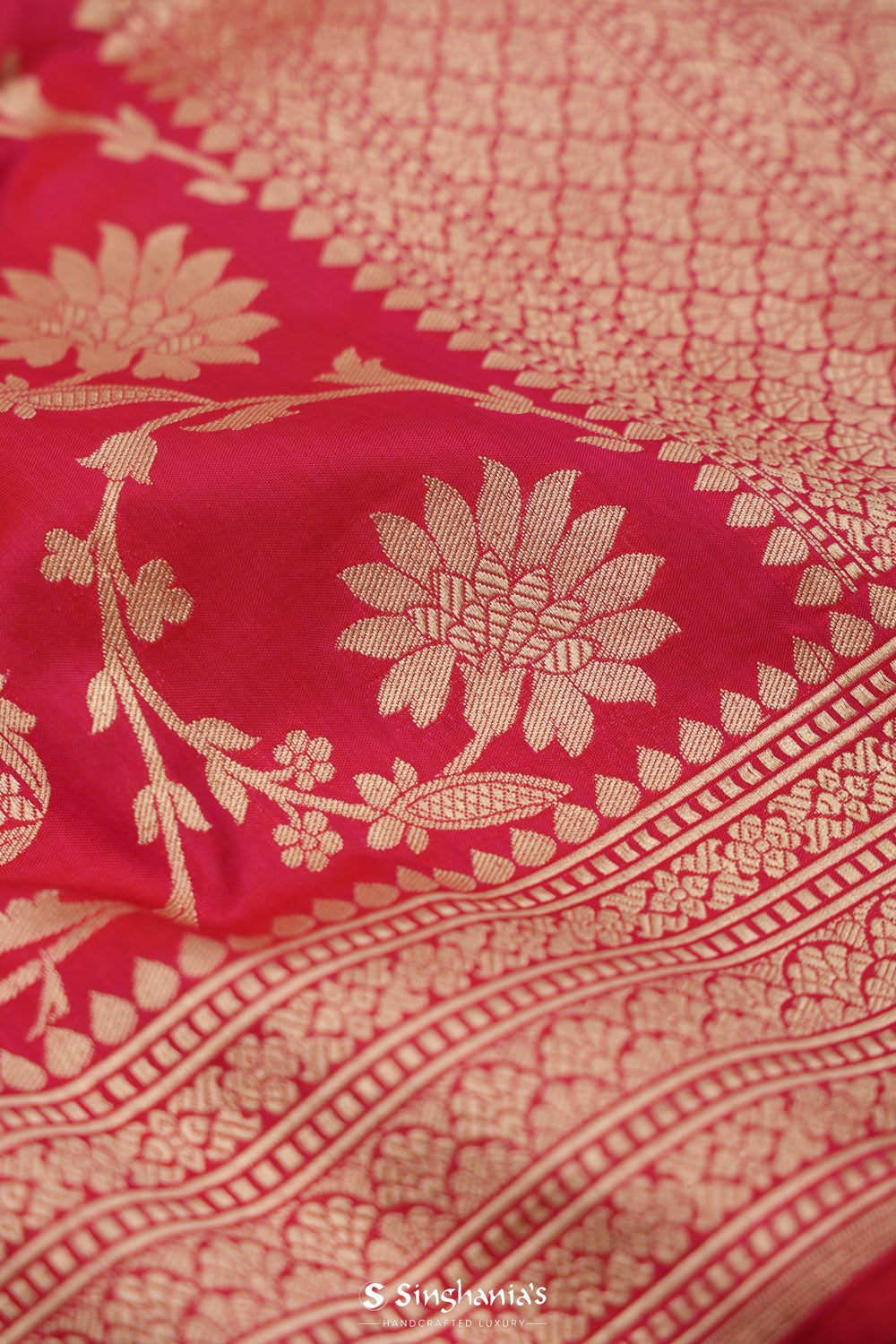 Watermelon Pink Banarasi Silk Saree With Floral Jaal Weaving