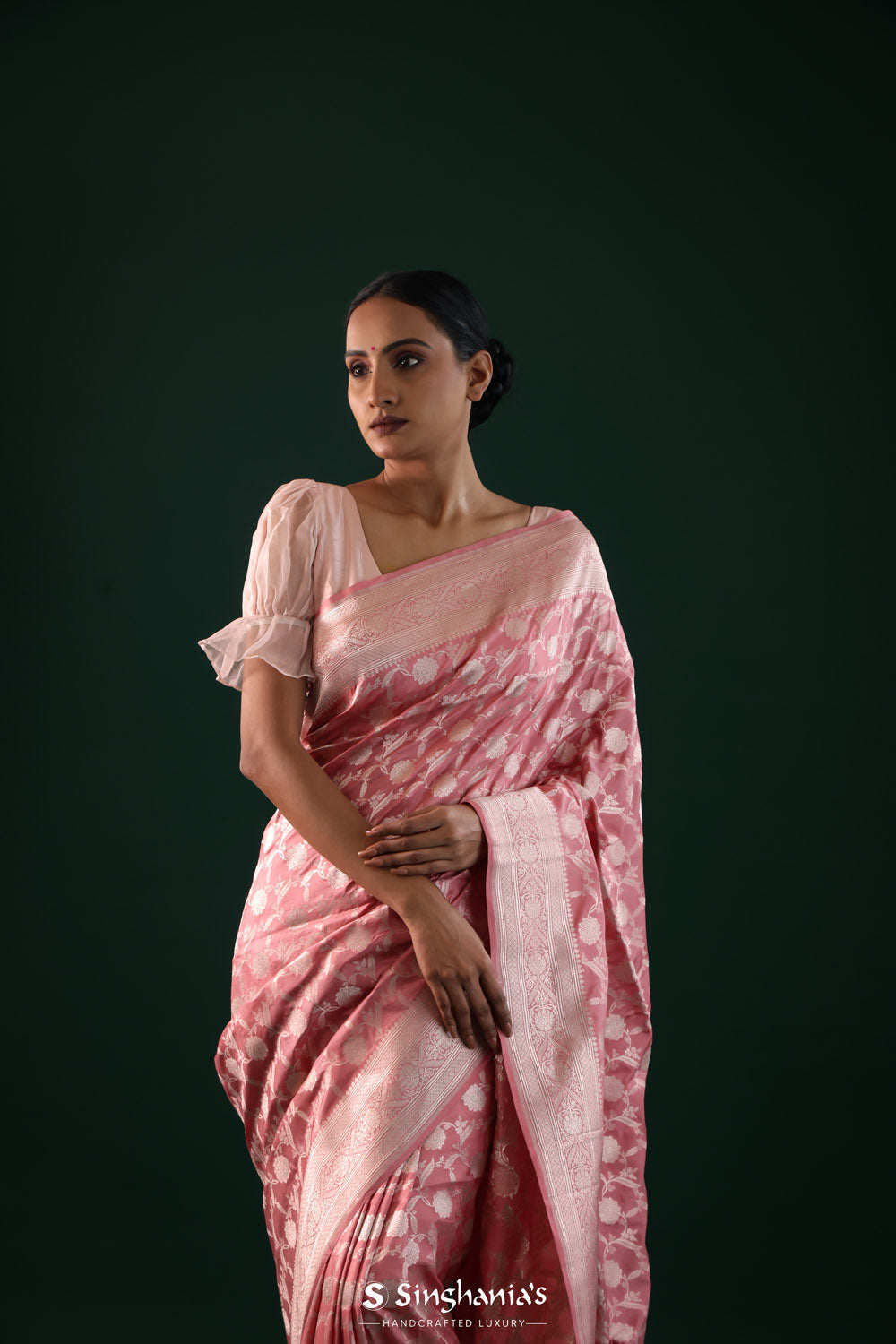 Nadeshiko Pink Banarasi Silk Saree With Floral Jaal