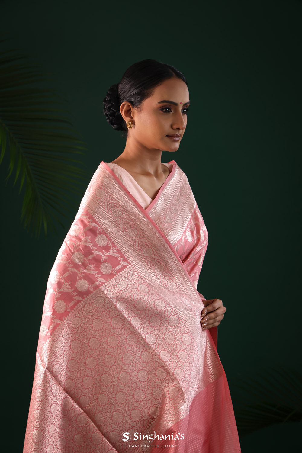 Nadeshiko Pink Banarasi Silk Saree With Floral Jaal