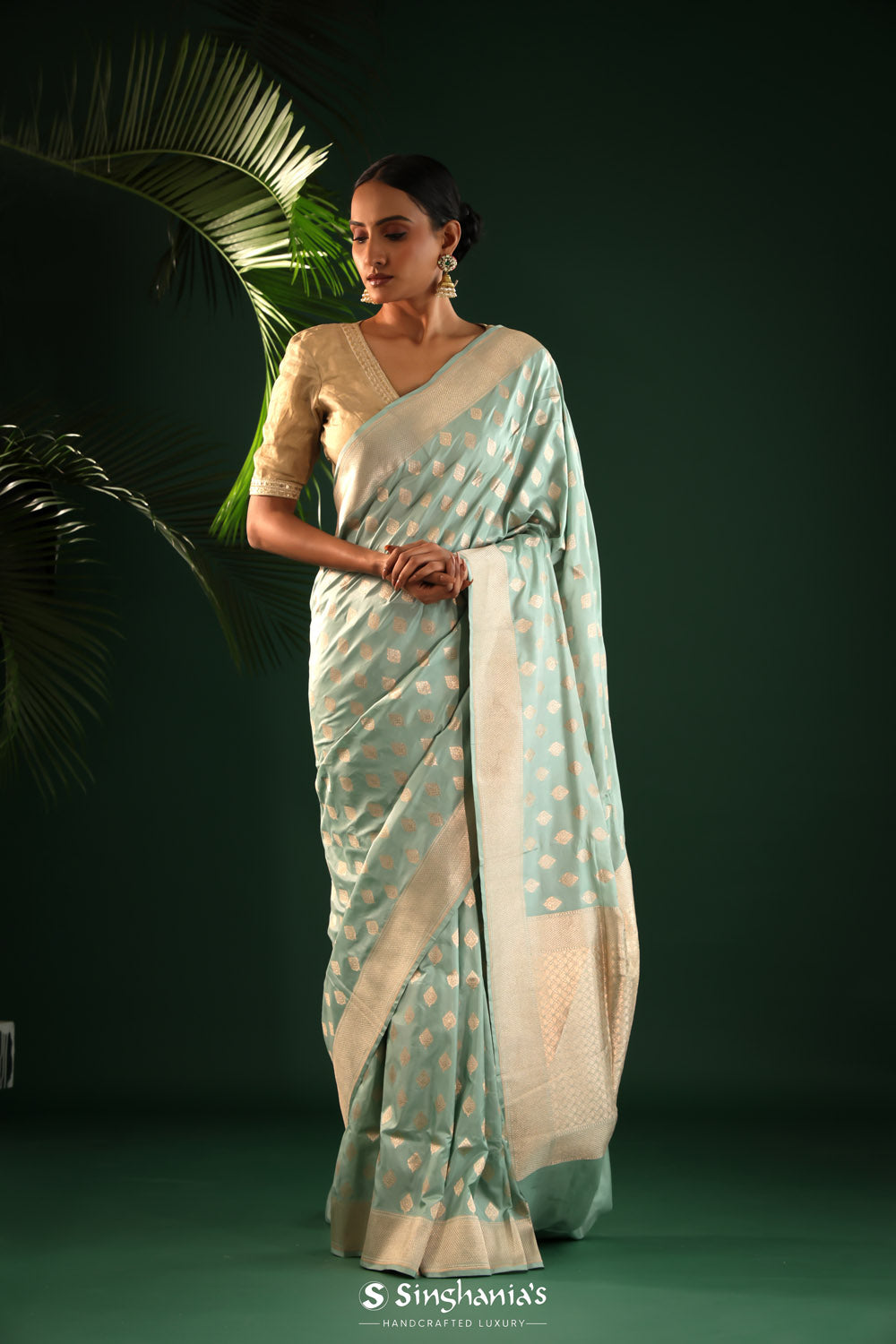 Seafoam Green Banarasi Silk Saree With Zari Butti