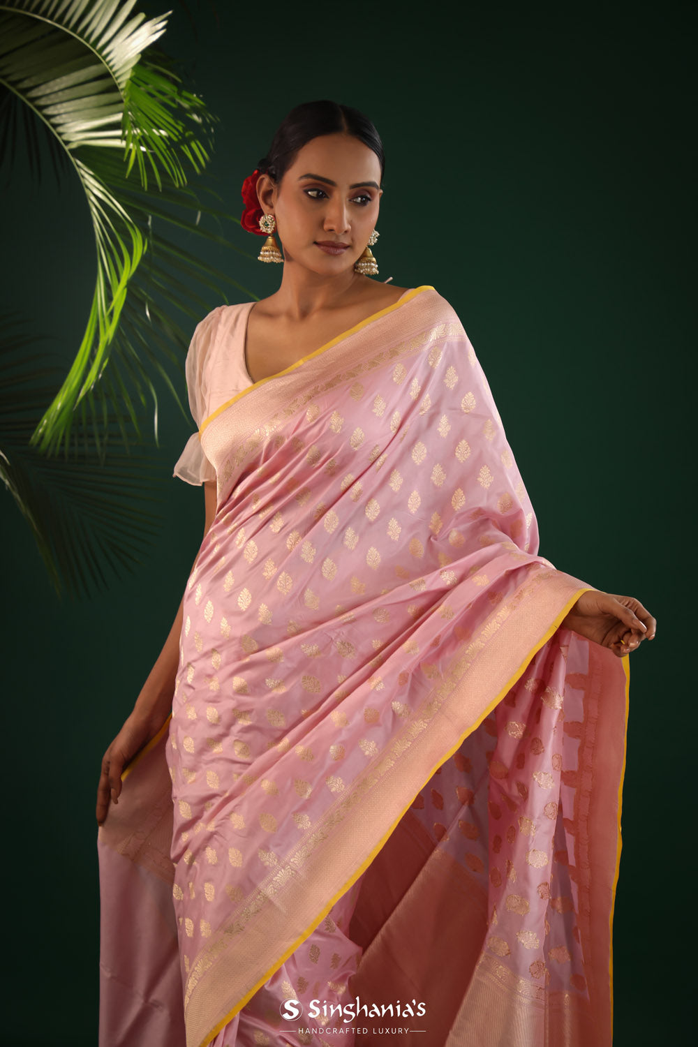 Pastel Pink Banarasi Silk Saree With Zari Butti