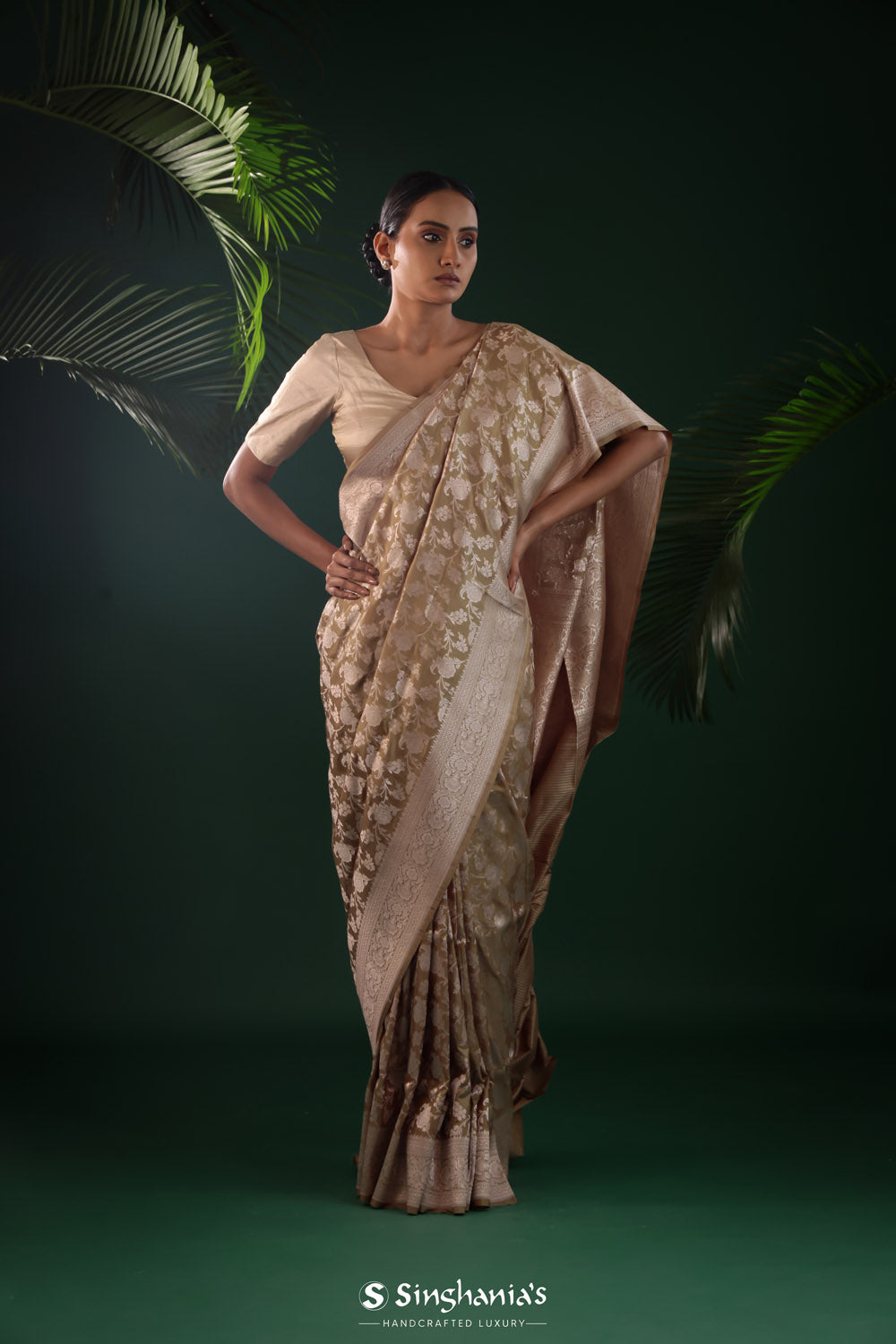 Sage Green Banarasi Silk Saree With Floral Jaal