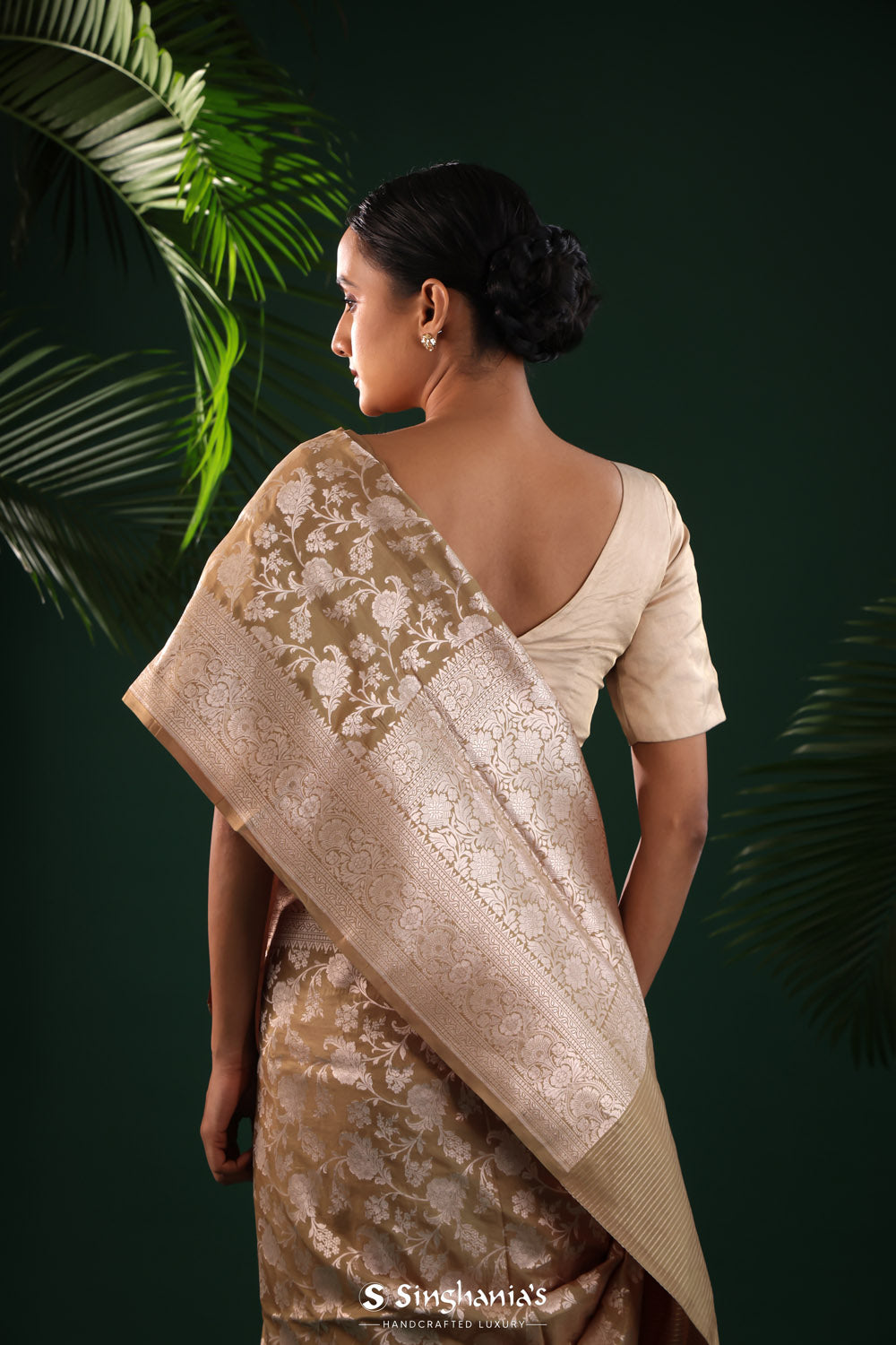 Sage Green Banarasi Silk Saree With Floral Jaal