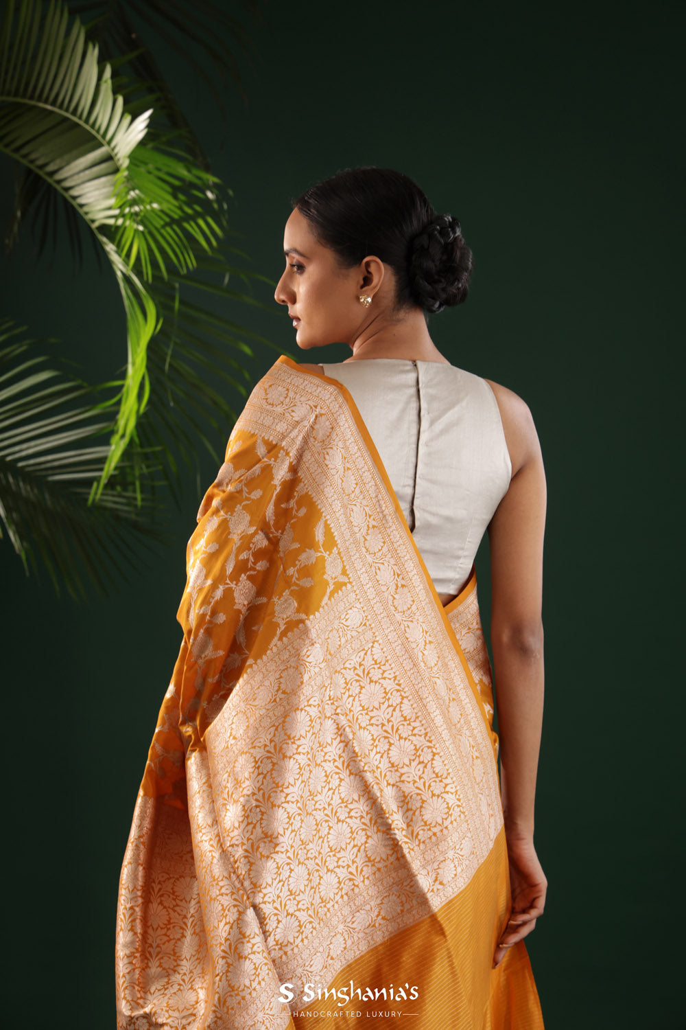 Goldenrod Yellow Banarasi Silk Saree With Floral Weaving