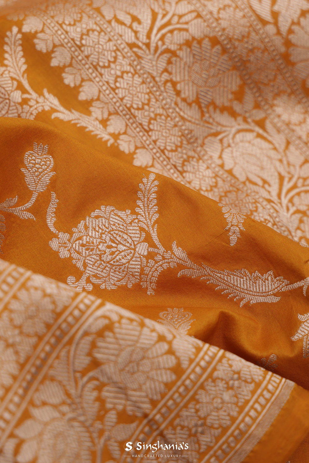 Goldenrod Yellow Banarasi Silk Saree With Floral Weaving