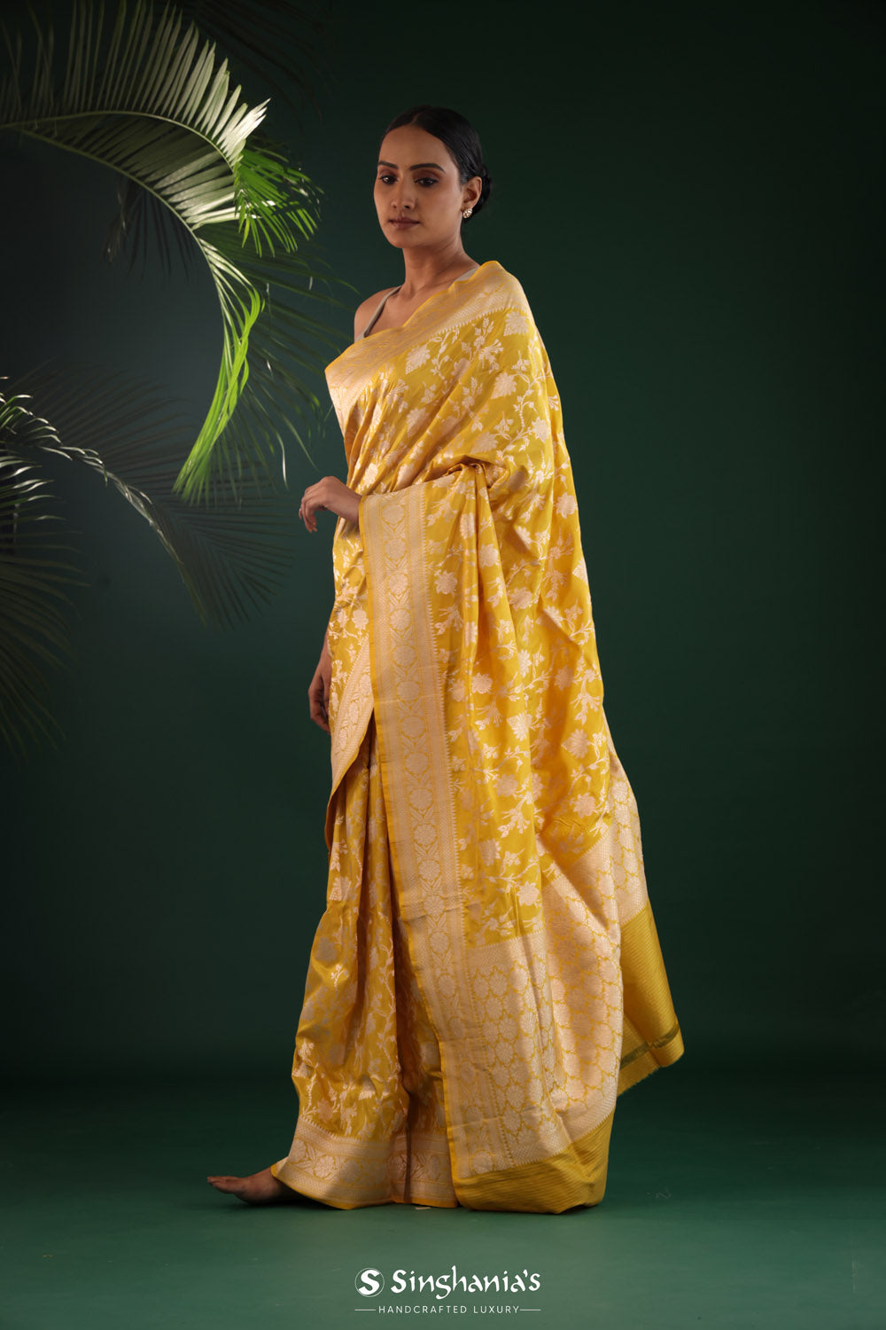 Matte Yellow Banarasi Silk Saree With Gold Zari Floral Jaal