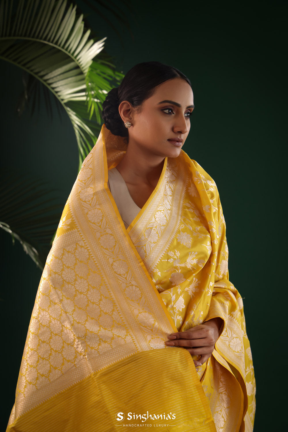 Matte Yellow Banarasi Silk Saree With Gold Zari Floral Jaal