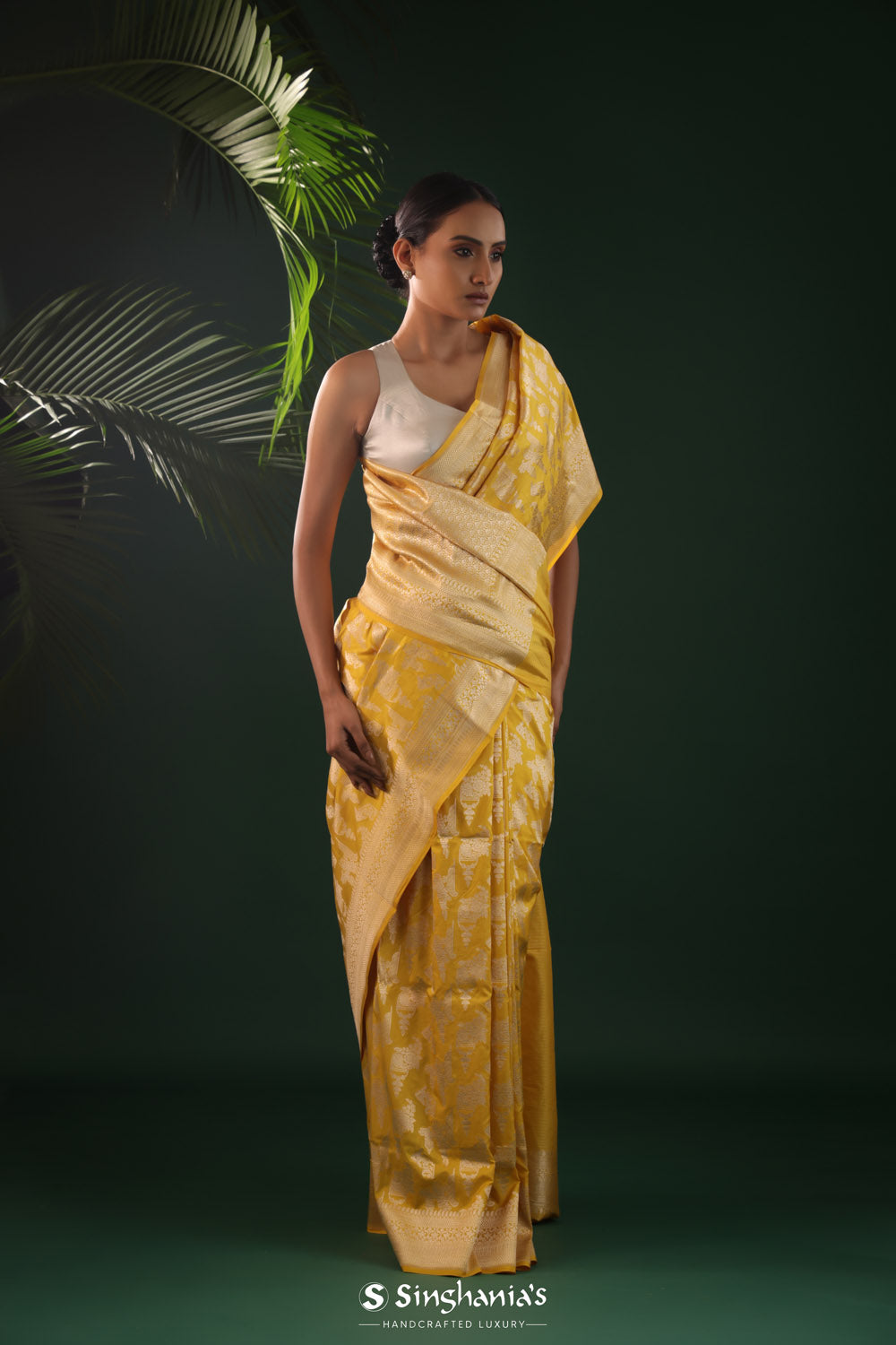 Deep Yellow Banarasi Silk Saree With Floral Butta