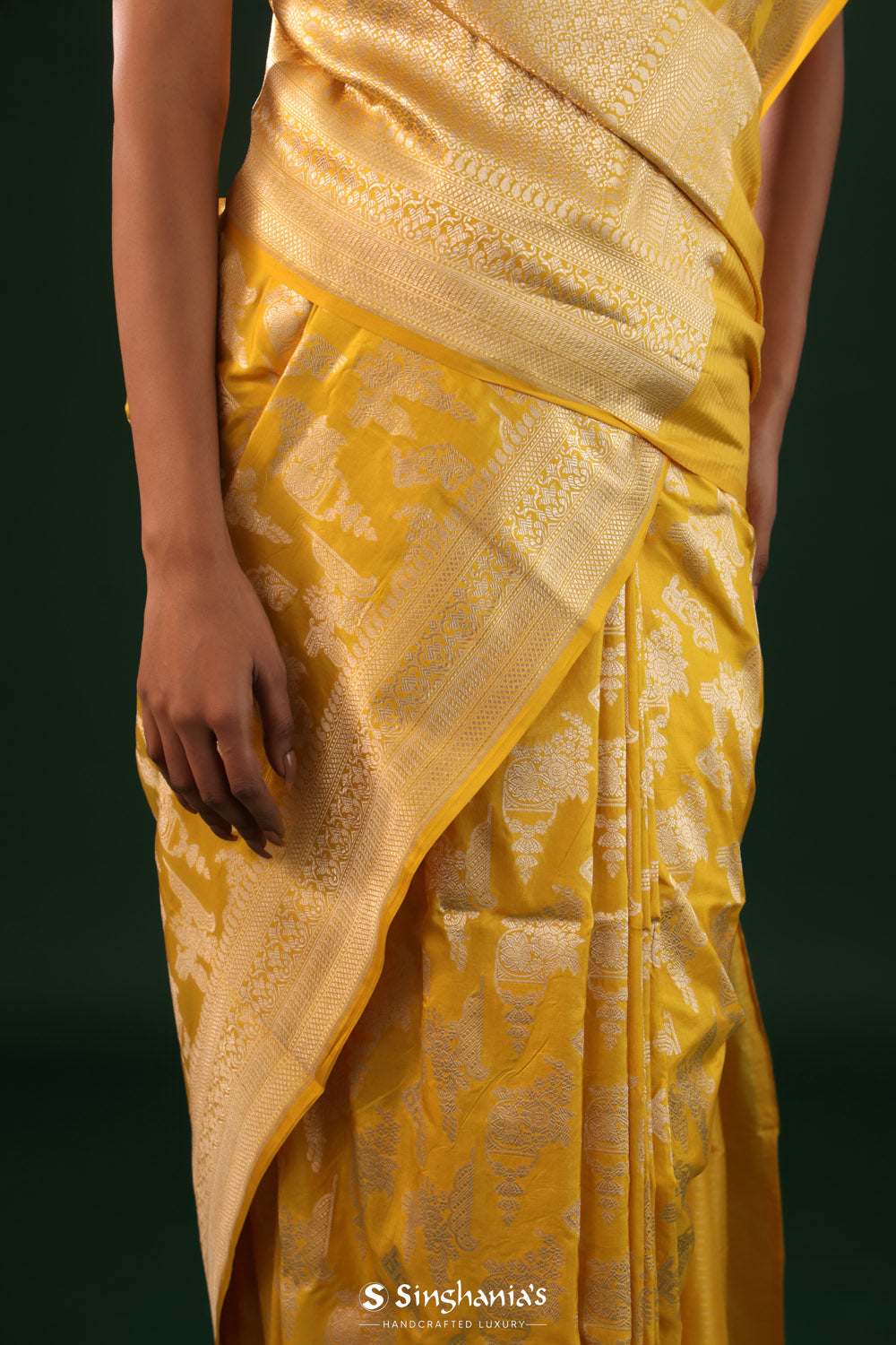 Deep Yellow Banarasi Silk Saree With Floral Butta