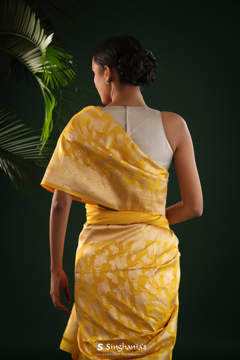 Deep Yellow Banarasi Silk Saree With Floral Butta