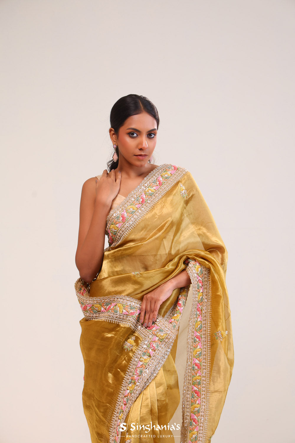 Cream Gold Tissue Handcrafted Saree