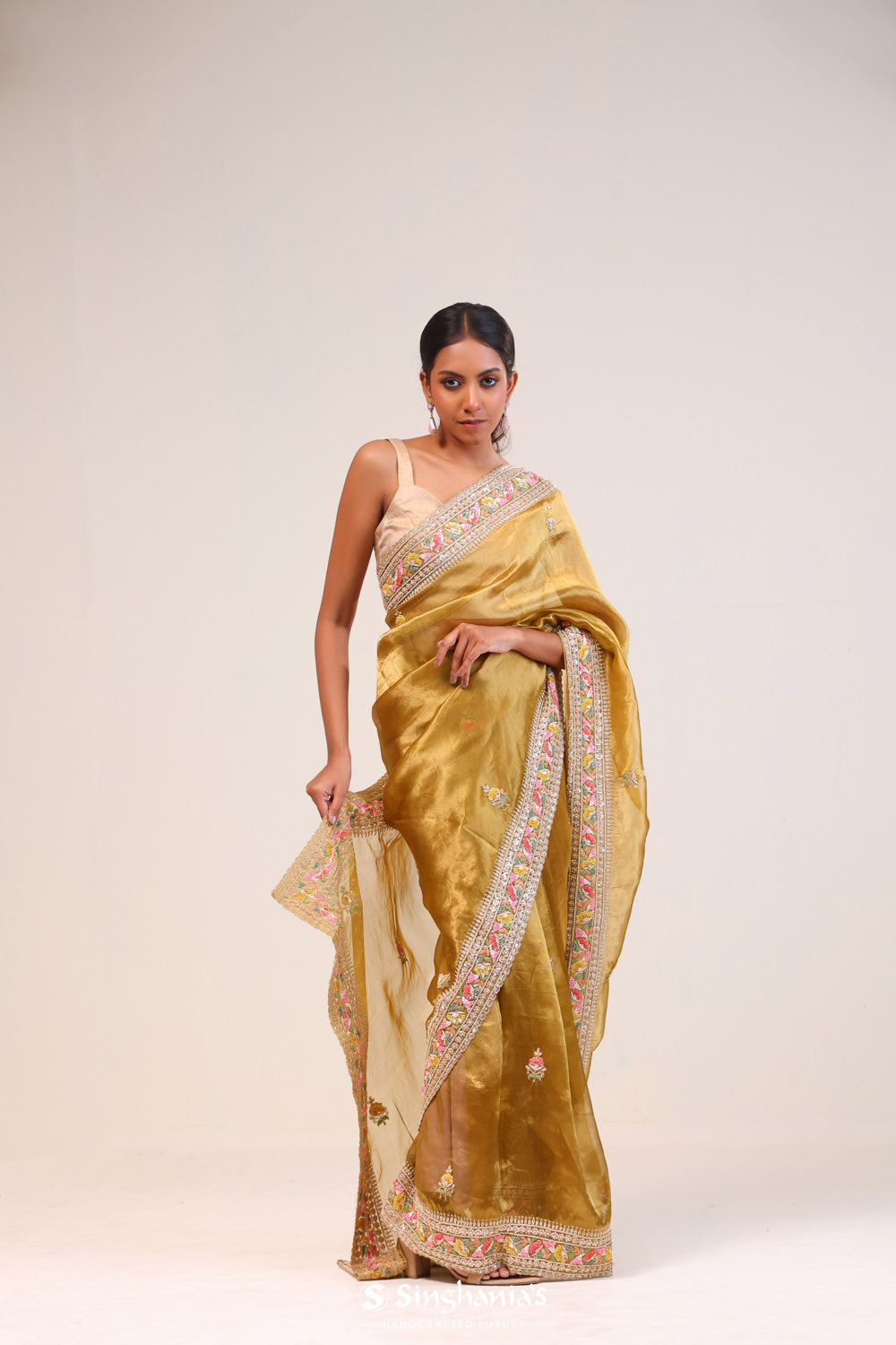 Cream Gold Tissue Handcrafted Saree