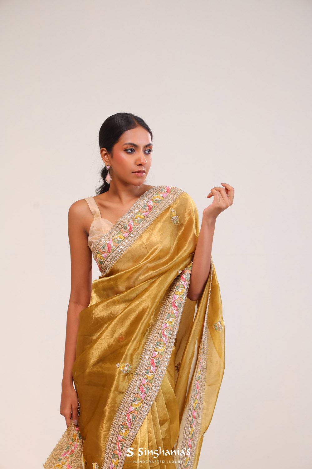 Cream Gold Tissue Handcrafted Saree