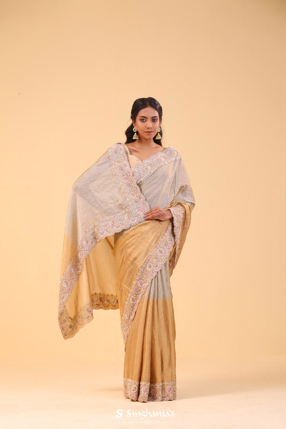 Silver Gold Dual-Colour Tissue Handcrafted Saree