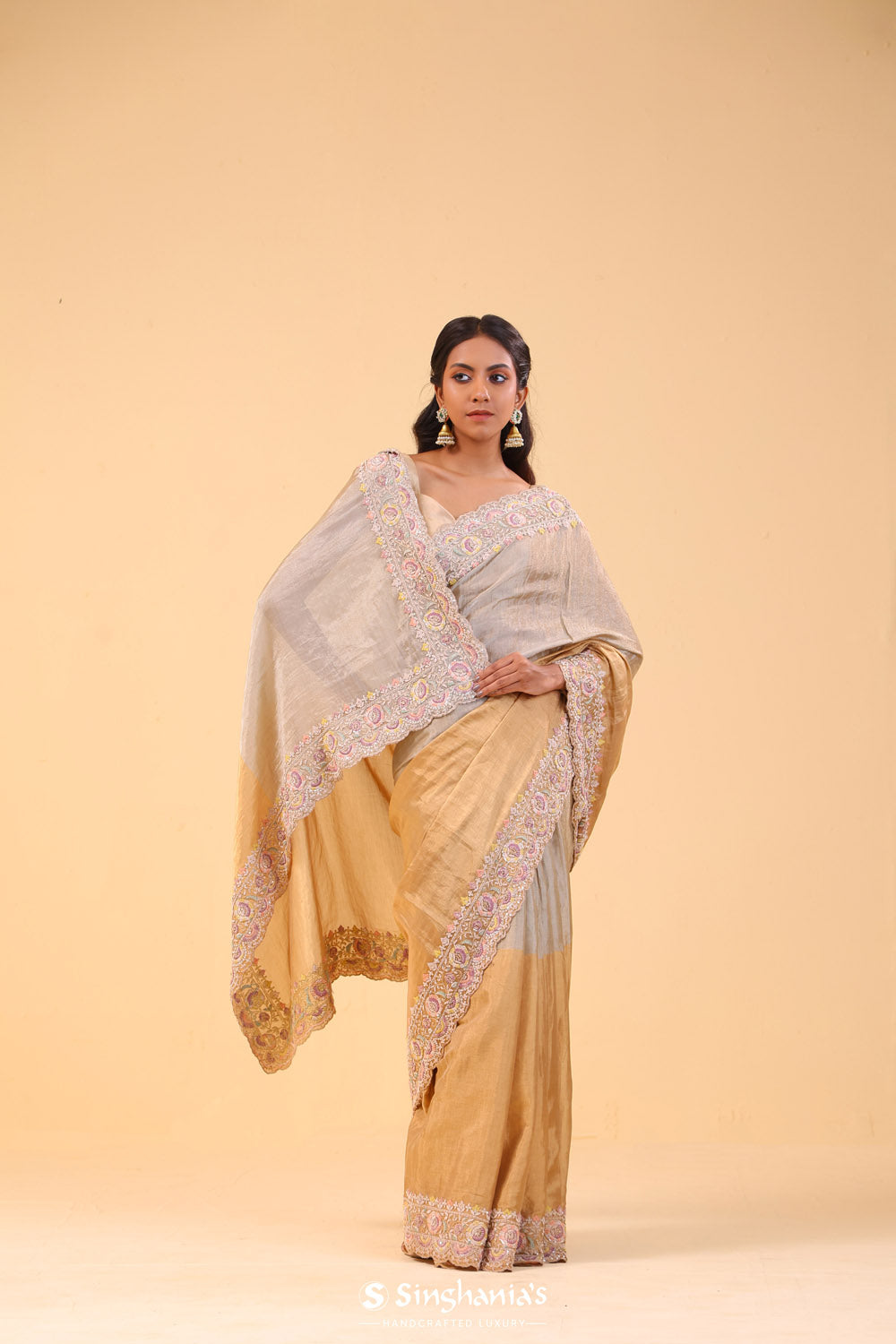 Silver Gold Dual-Colour Tissue Handcrafted Saree