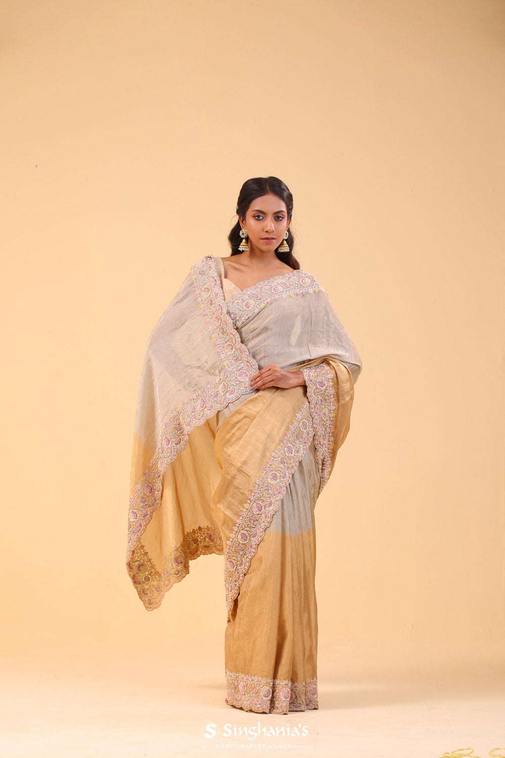 Silver Gold Dual-Colour Tissue Handcrafted Saree