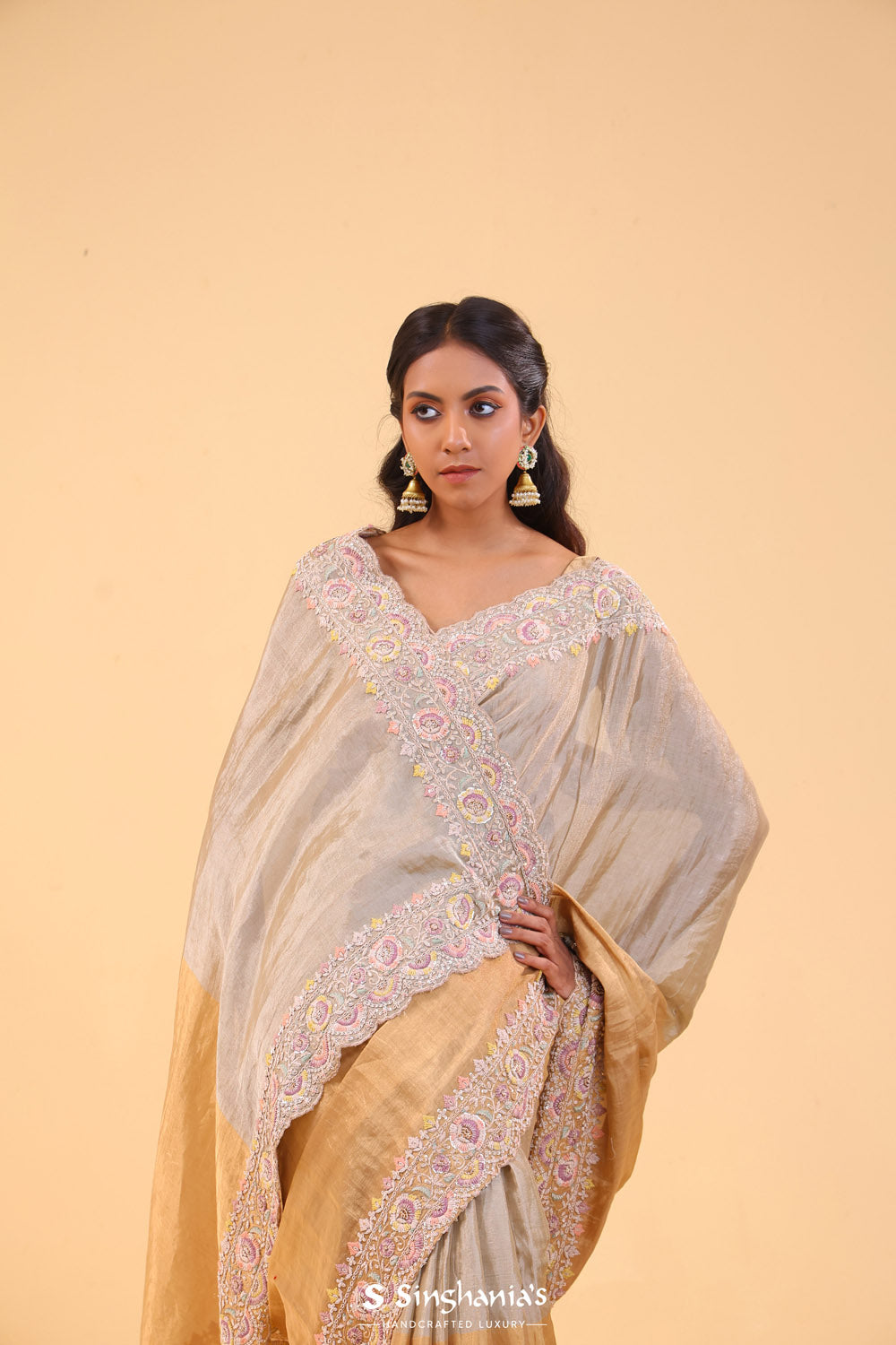 Silver Gold Dual-Colour Tissue Handcrafted Saree