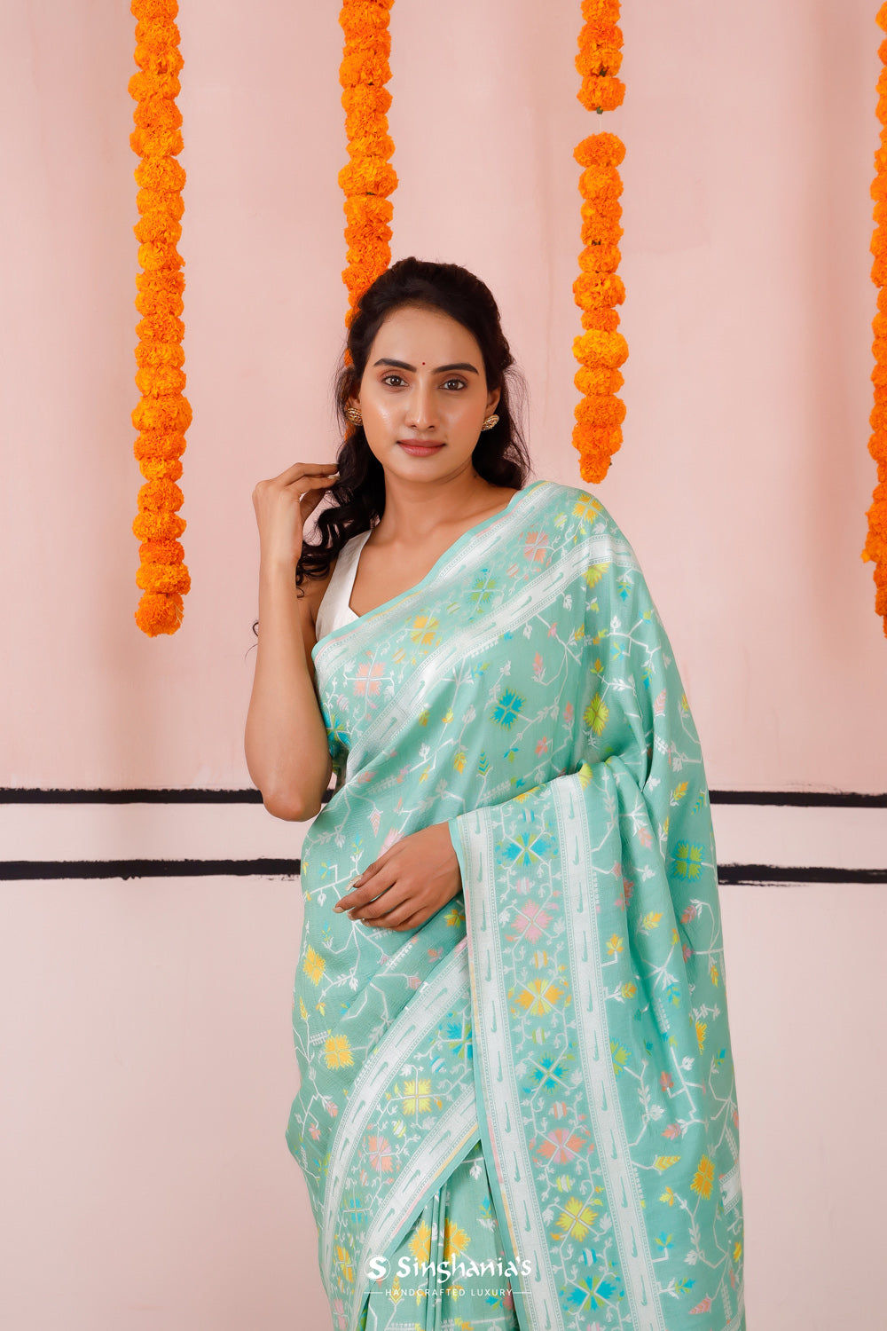 Mint Green Banarasi Moonga Silk Saree With Meenakari Jaal Work