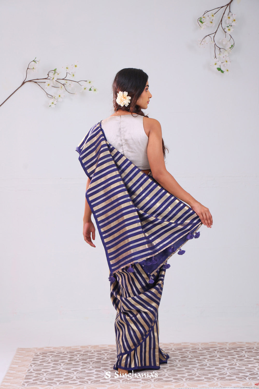 Navy Blue Banarasi Satin Saree With Stripes Pattern