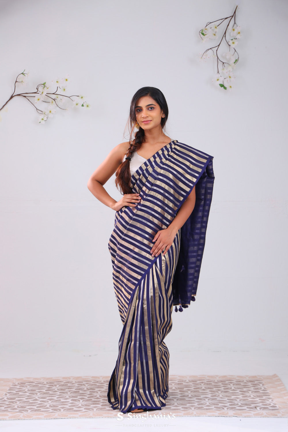 Navy Blue Banarasi Satin Saree With Stripes Pattern