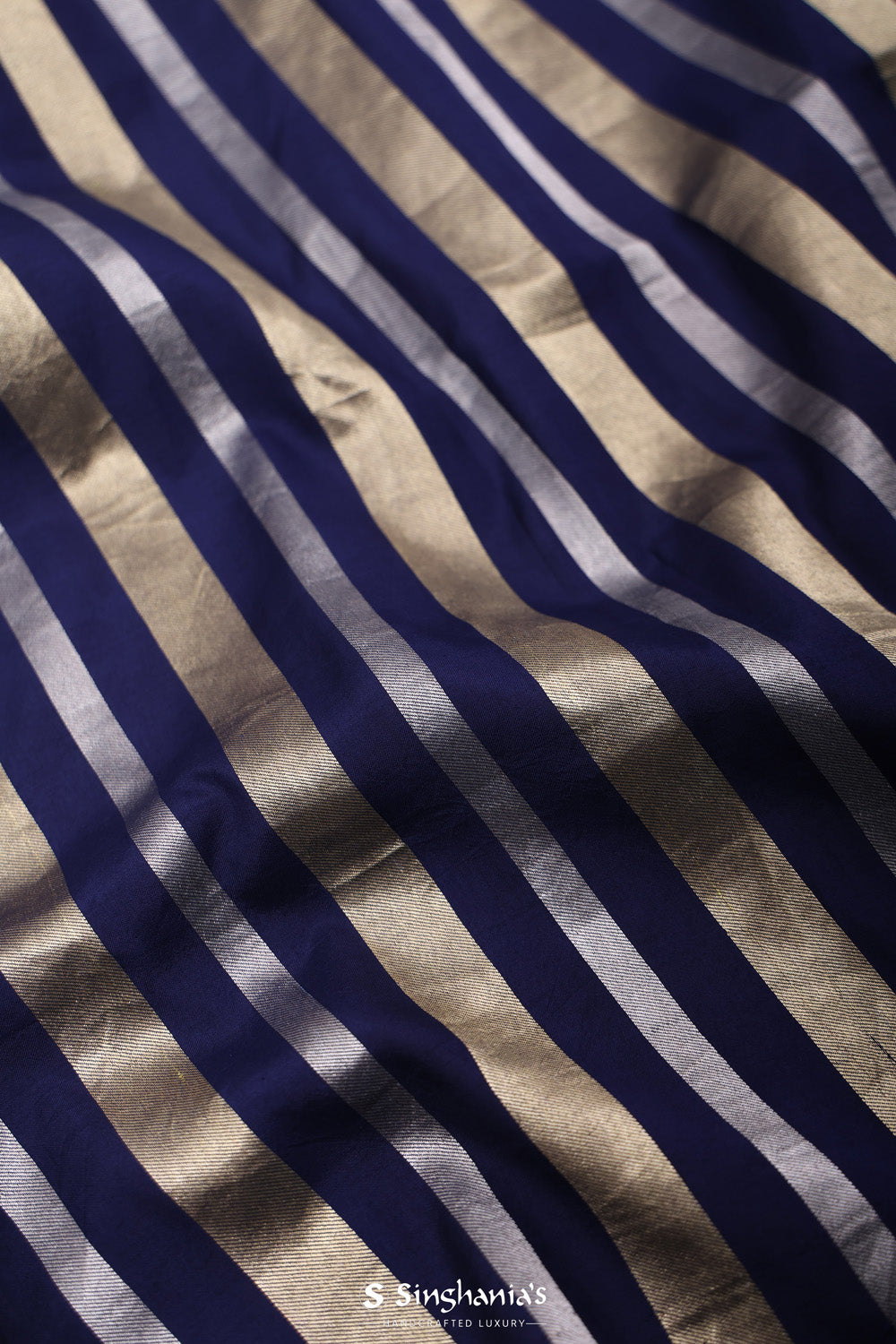 Navy Blue Banarasi Satin Saree With Stripes Pattern