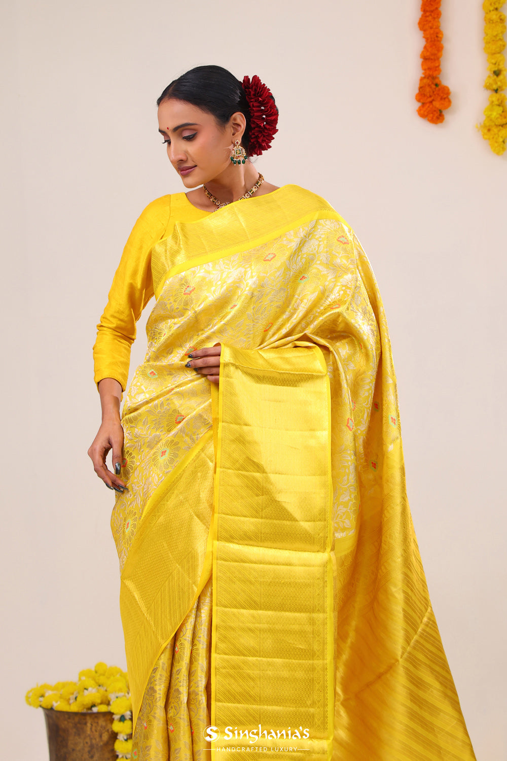 Yellow Gold Jaal Kanjivaram Silk Saree