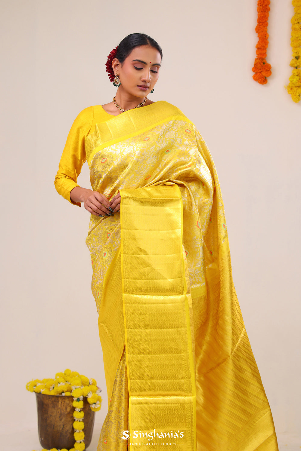 Yellow Gold Jaal Kanjivaram Silk Saree