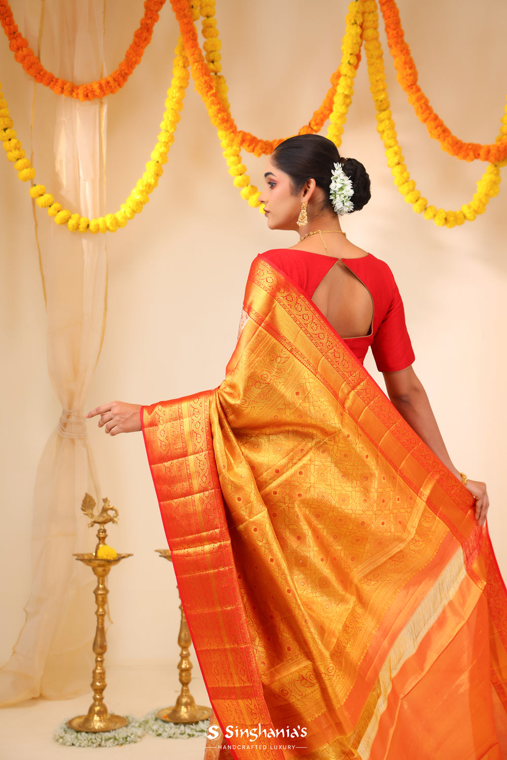 Pastel Peach-Gold Tissue Kanjivaram Saree With Floral Weaving