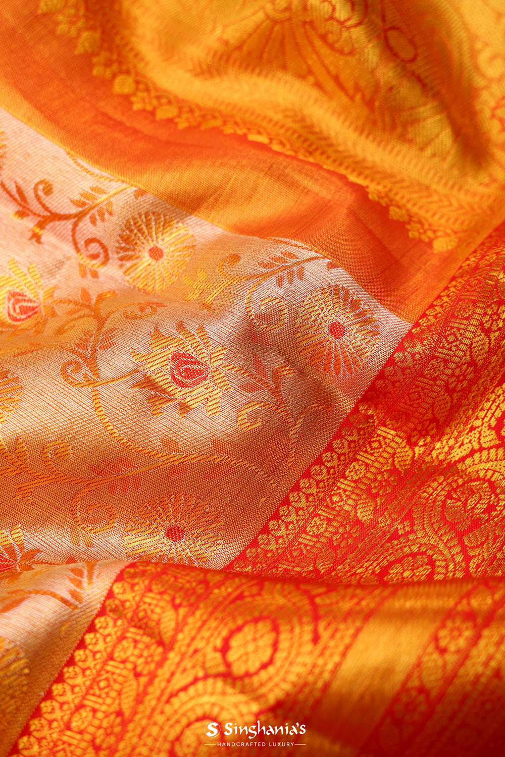 Pastel Peach-Gold Tissue Kanjivaram Saree With Floral Weaving