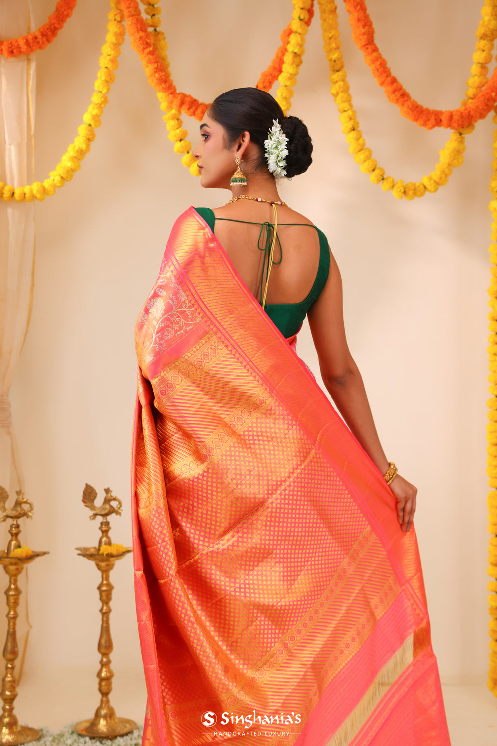 Melon Peach Tissue Kanjivaram Saree With Floral Weaving