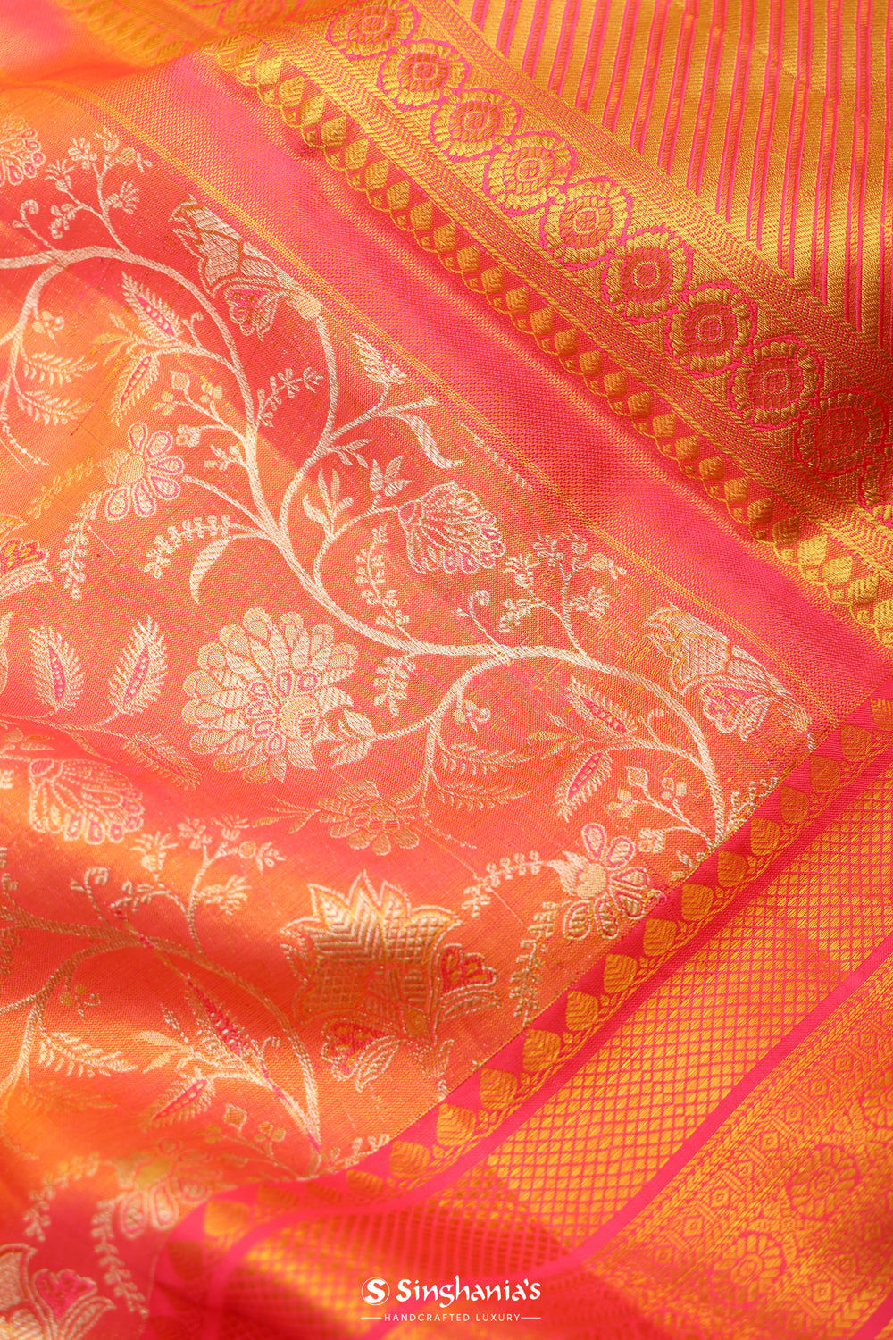 Melon Peach Tissue Kanjivaram Saree With Floral Weaving