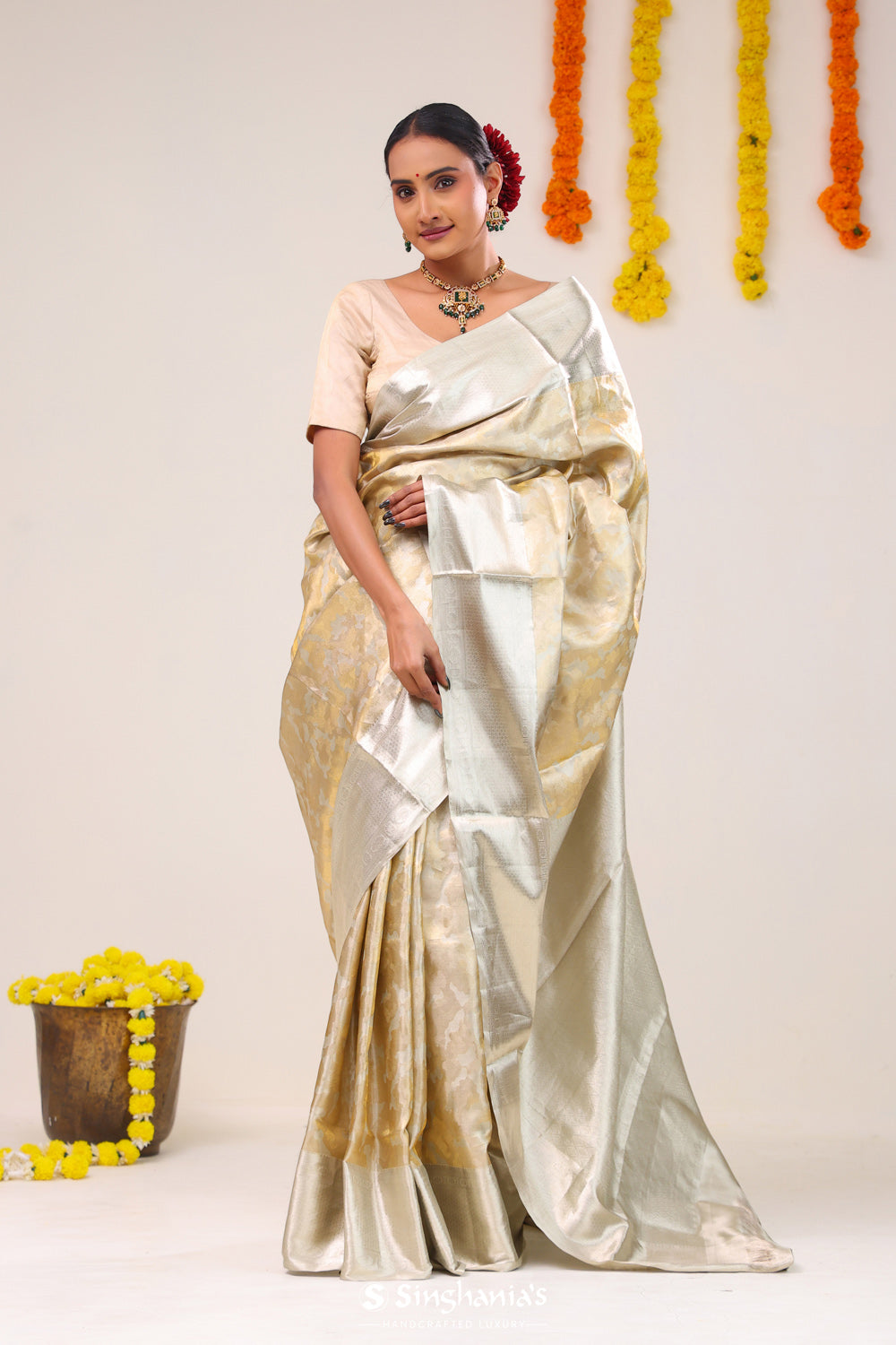 Pale Gold Floral Jaal Kanjivaram Silk Saree