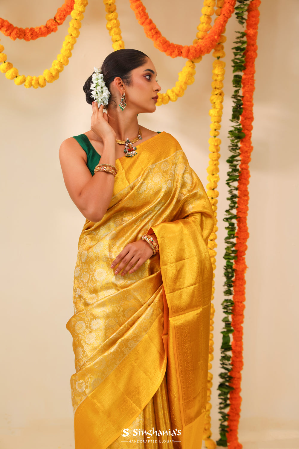 Yellowish Gold Tissue Kanjivaram Saree With Floral Weaving