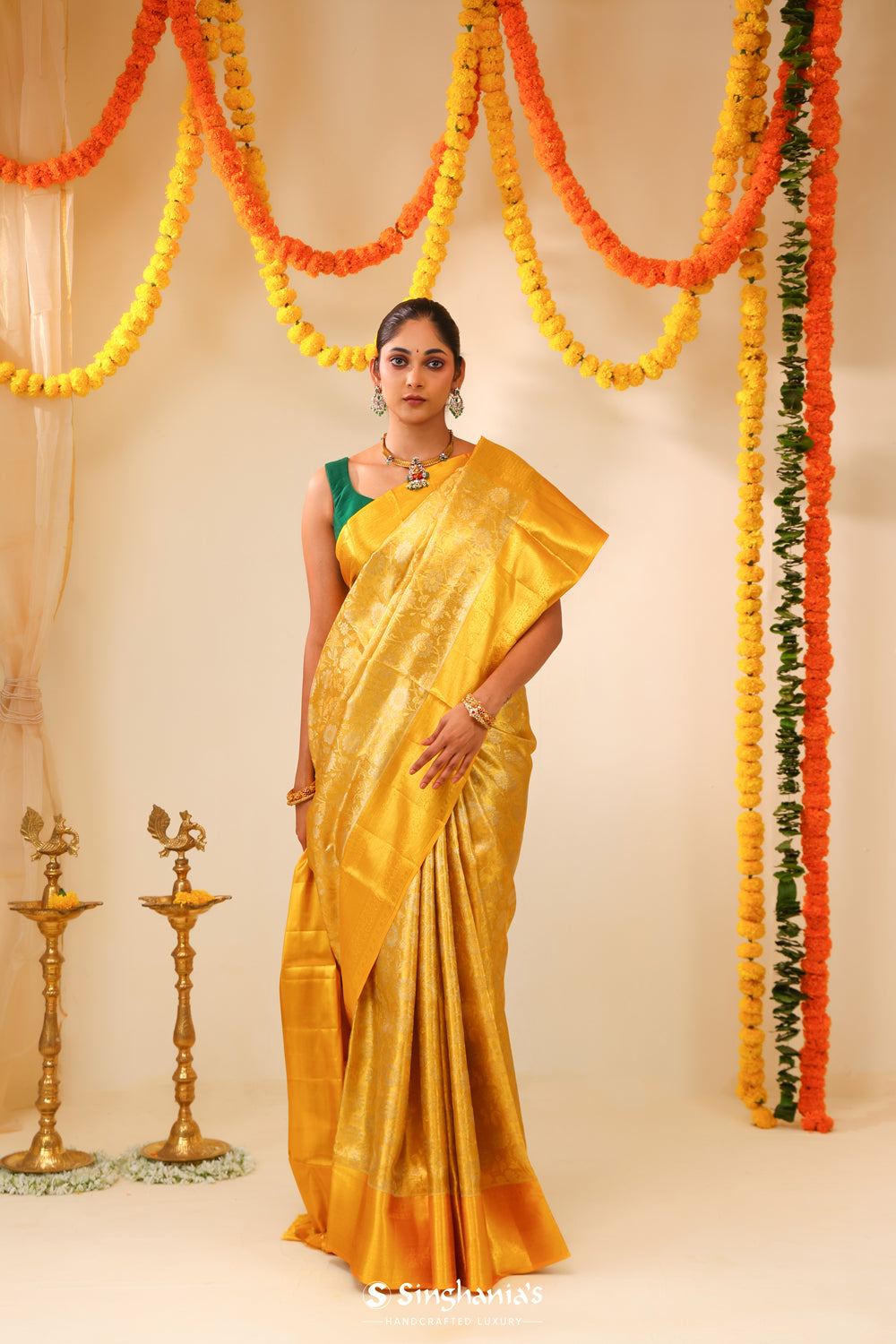 Yellowish Gold Tissue Kanjivaram Saree With Floral Weaving