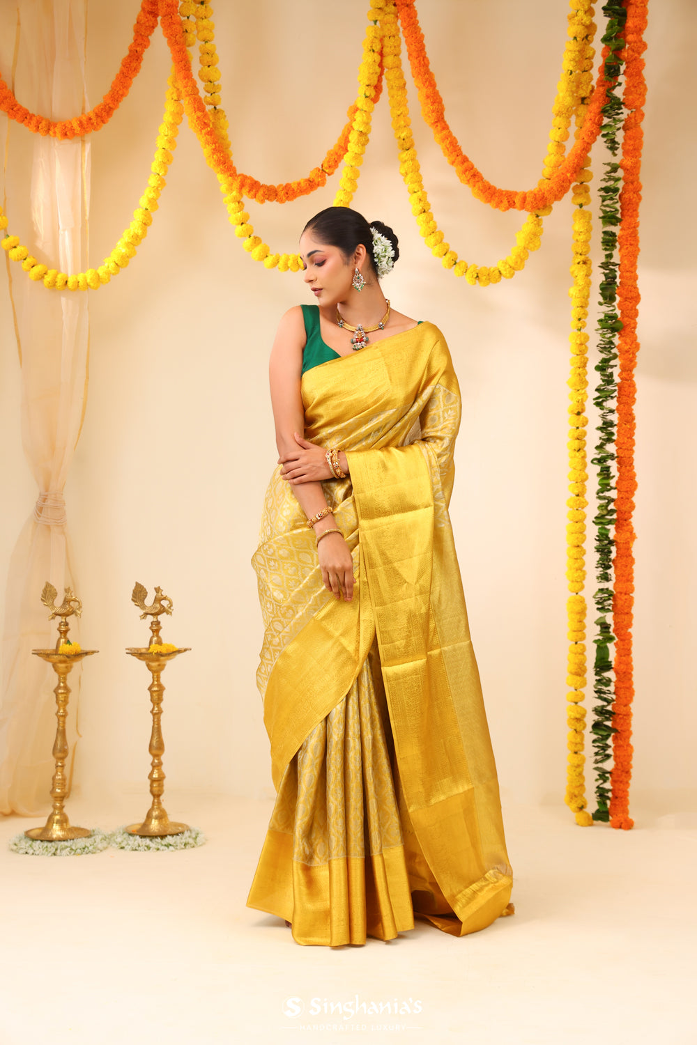 Pastel Gold Tissue Kanjivaram Saree With Floral Butta Weaving