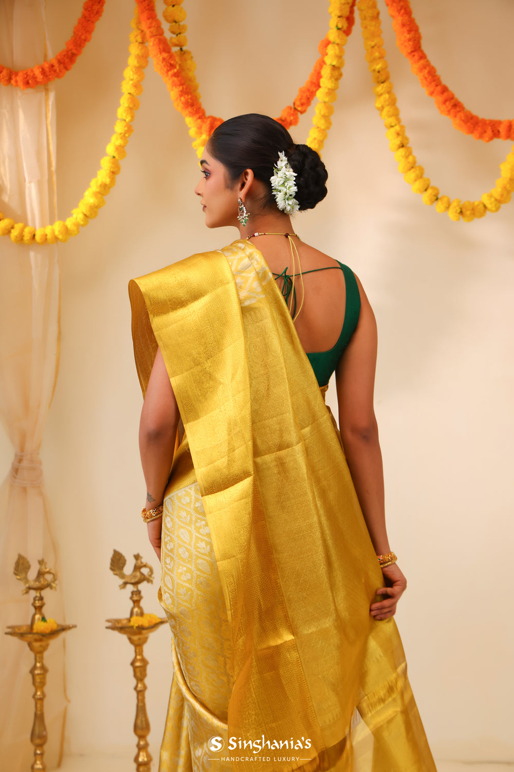 Pastel Gold Tissue Kanjivaram Saree With Floral Butta Weaving